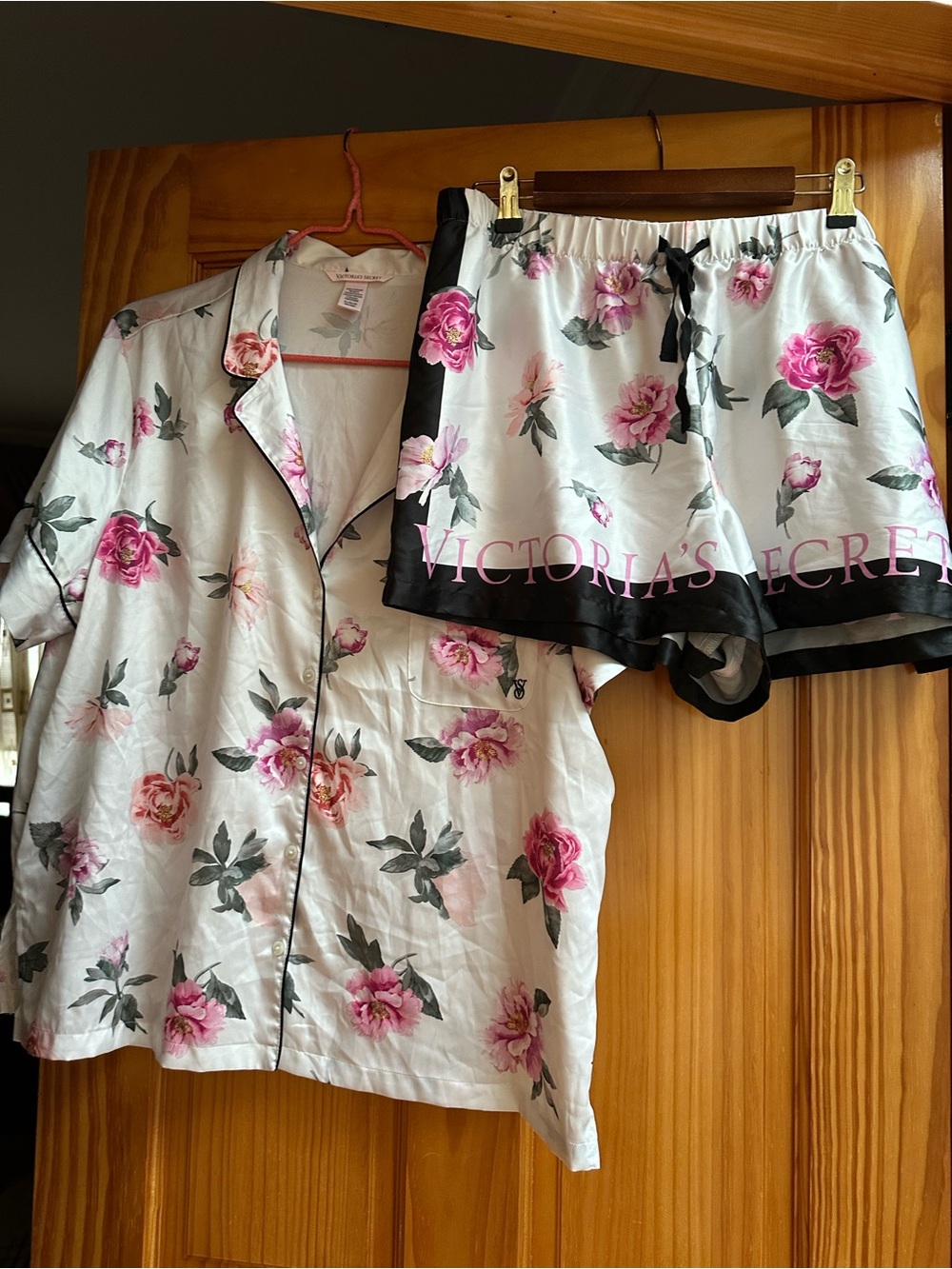 Victoria's Secret White Satin Pajama Set with Pink Rose Print